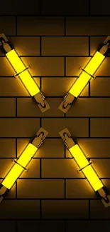 Glowing yellow rods on brick background, industrial wall art.