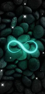 Glowing infinity symbol on dark stones wallpaper.