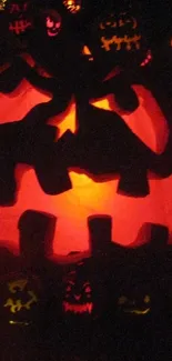 Vibrant Jack-O'-Lantern with glowing eyes in a dark setting.