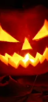 Glowing jack-o'-lantern wallpaper with a spooky, illuminated face for Halloween.