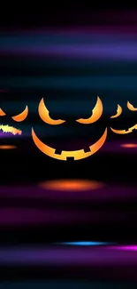 Eerie wallpaper with glowing jack-o'-lantern faces on a dark background.