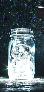 Glowing mason jar against a dark starry background.