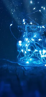 A glowing jar with blue lights on a wooden surface.