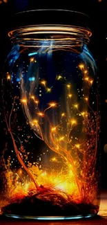 Fantasy jar with glowing golden lights on dark background.
