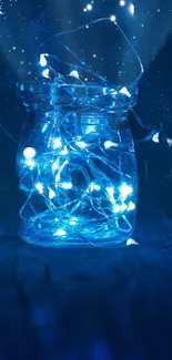 A jar filled with glowing lights against a blue background.