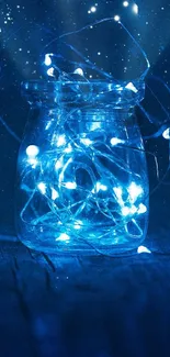 A luminous jar with fairy lights glowing in blue darkness.