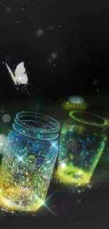 Glowing jar with butterflies at night, creating a magical and sparkling scene.