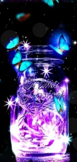 Glowing jar with butterflies in a starry night scene.