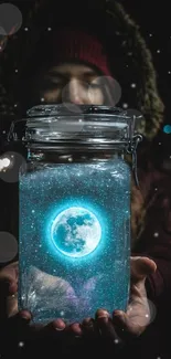 Person holding a jar with a glowing blue moon inside against a dark background.