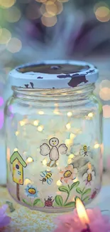 Whimsical glowing jar with fairy lights and pastel flowers.