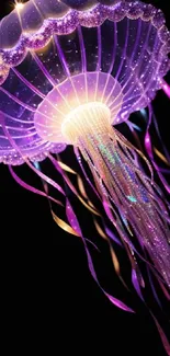 Vibrant purple glowing jellyfish wallpaper with flowing tentacles.