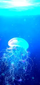 Glowing jellyfish in deep blue sea wallpaper.