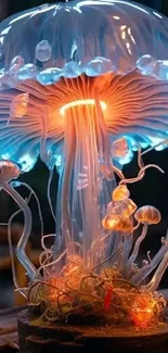 Glowing jellyfish in a fantasy forest with blue and orange hues.