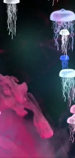 Glowing jellyfish against a galaxy background, radiating soft pink hues.