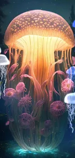 Vibrant glowing jellyfish wallpaper with fantasy elements.