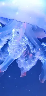 Ethereal glowing jellyfish in a blue ocean-themed mobile wallpaper.