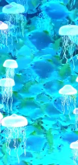 Glowing jellyfish float in cyan ocean scene mobile wallpaper.