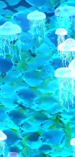 Turquoise jellyfish glowing under the ocean surface with vibrant aquatic scene.