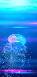 A glowing jellyfish floats in a deep blue ocean background.