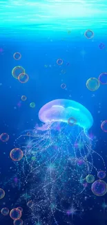 A glowing jellyfish drifts peacefully in a deep blue ocean, emitting a soft, ethereal light.