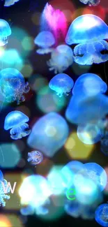 Glowing blue jellyfish with black background in mobile wallpaper.