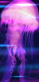 A glowing purple jellyfish with streaming tentacles against a dark background.