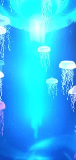 Glowing jellyfish in an electric blue underwater scene.