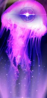 Glowing purple jellyfish with neon hues on phone wallpaper.