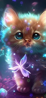 Glowing kitten surrounded by butterflies in a fantasy setting.