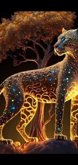 Fantasy wallpaper of glowing leopard with illuminated patterns and a mystical tree.