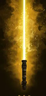 Yellow lightsaber glowing against a dark background.