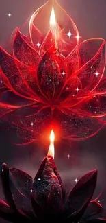 Glowing red lotus candle with a serene reflection.