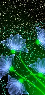 Glowing lotus flowers on a black background with green accents.