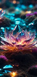 A glowing crystal lotus on vibrant, mystical waters creates a fantasy ambiance.