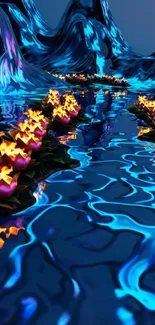 Vivid digital landscape with glowing lotus reflecting on serene water.