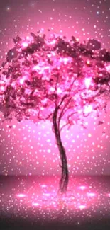 Glowing pink tree with sparkling lights on a mobile wallpaper.