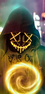 Hooded figure with glowing neon mask and swirling lights in a vibrant urban setting.