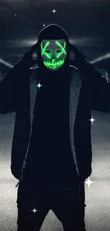 Person wearing a neon green mask in a dimly lit urban setting.