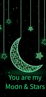 Glowing green moon and stars on black background.