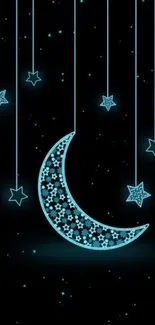 Glowing crescent moon and stars wallpaper.