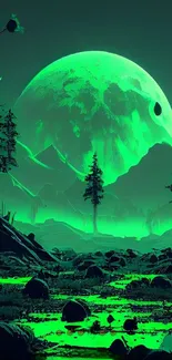 Neon green forest under a glowing moon.