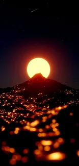 Bright sunset over mountain silhouettes with glowing lava-like highlights.