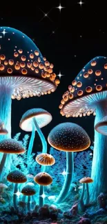 Glowing blue and orange mushrooms creating a magical forest ambience.