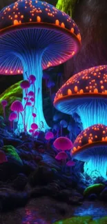 Vibrant neon glowing mushrooms in a fantasy forest scene, perfect for mobile wallpaper.