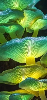 Glowing green mushrooms in a dark forest setting.