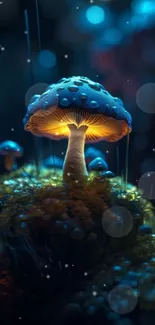 Vibrantly glowing mushroom in a mystical forest setting.