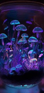 Glowing neon mushrooms in a jar, vibrant and enchanting mobile wallpaper.