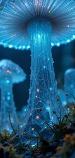 Glowing blue mushrooms in a mystical forest wallpaper.
