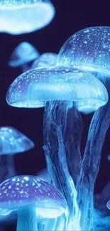 Glowing blue mushrooms in a mystical fantasy setting.