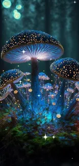 Glowing mushrooms in an enchanted forest at night.